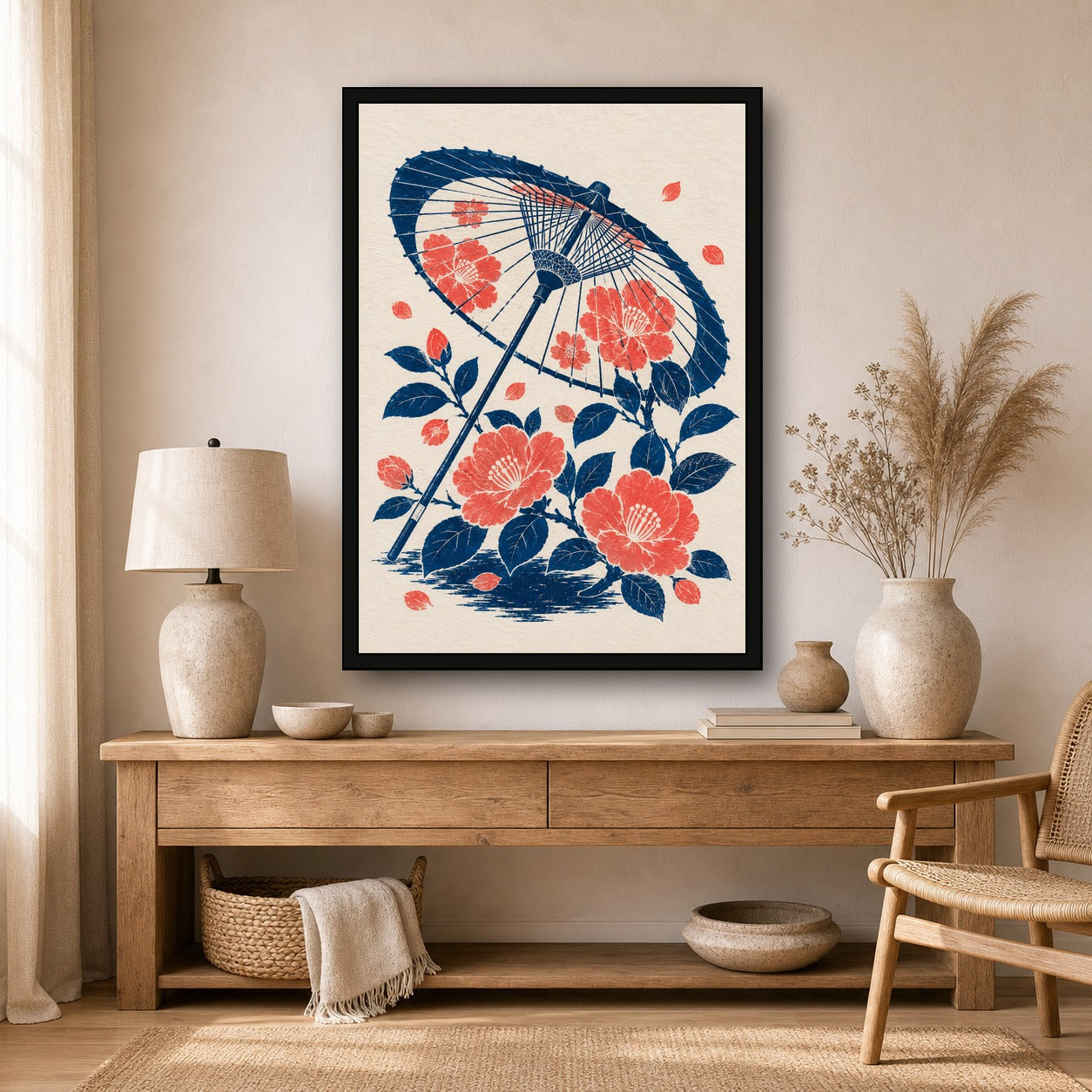 Parasol Peonies Japanese Retro Poster Print - A room mockup