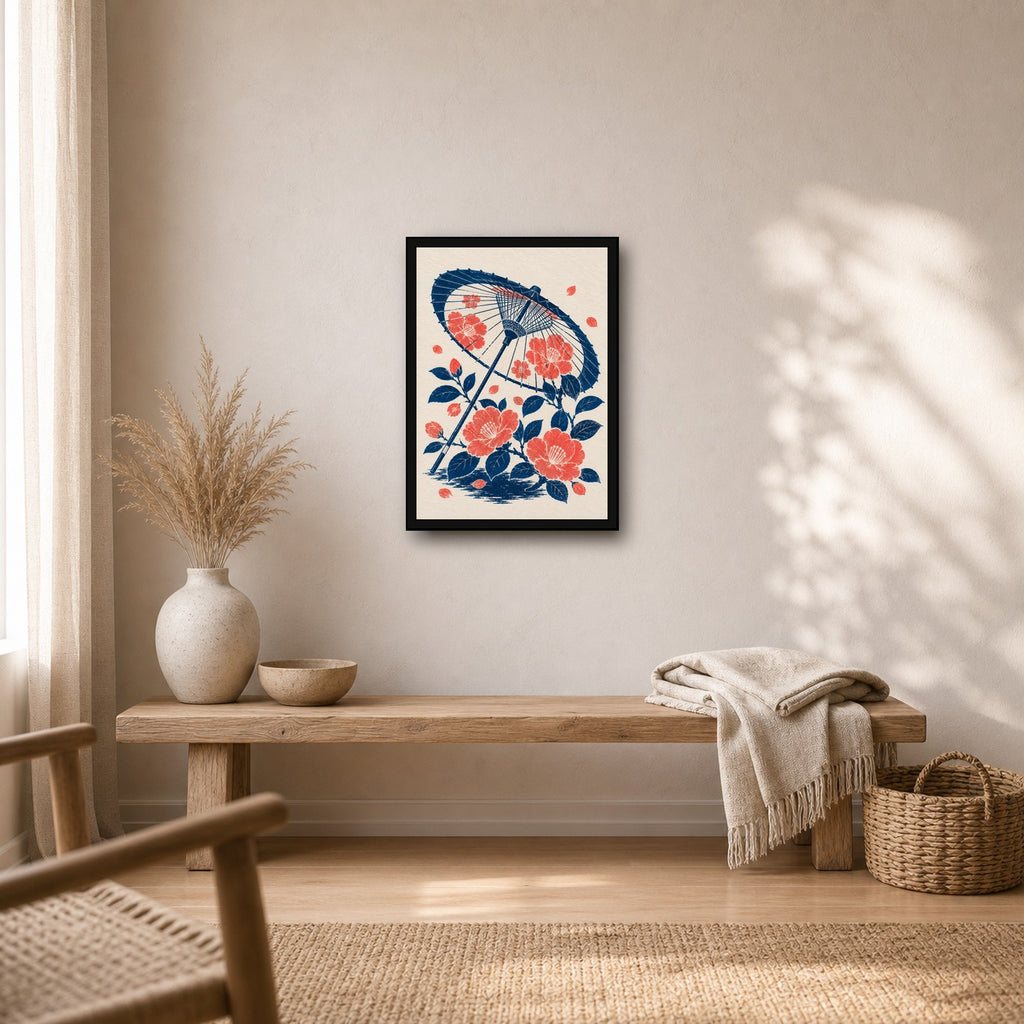 Parasol Peonies Japanese Retro Poster Print - A room mockup