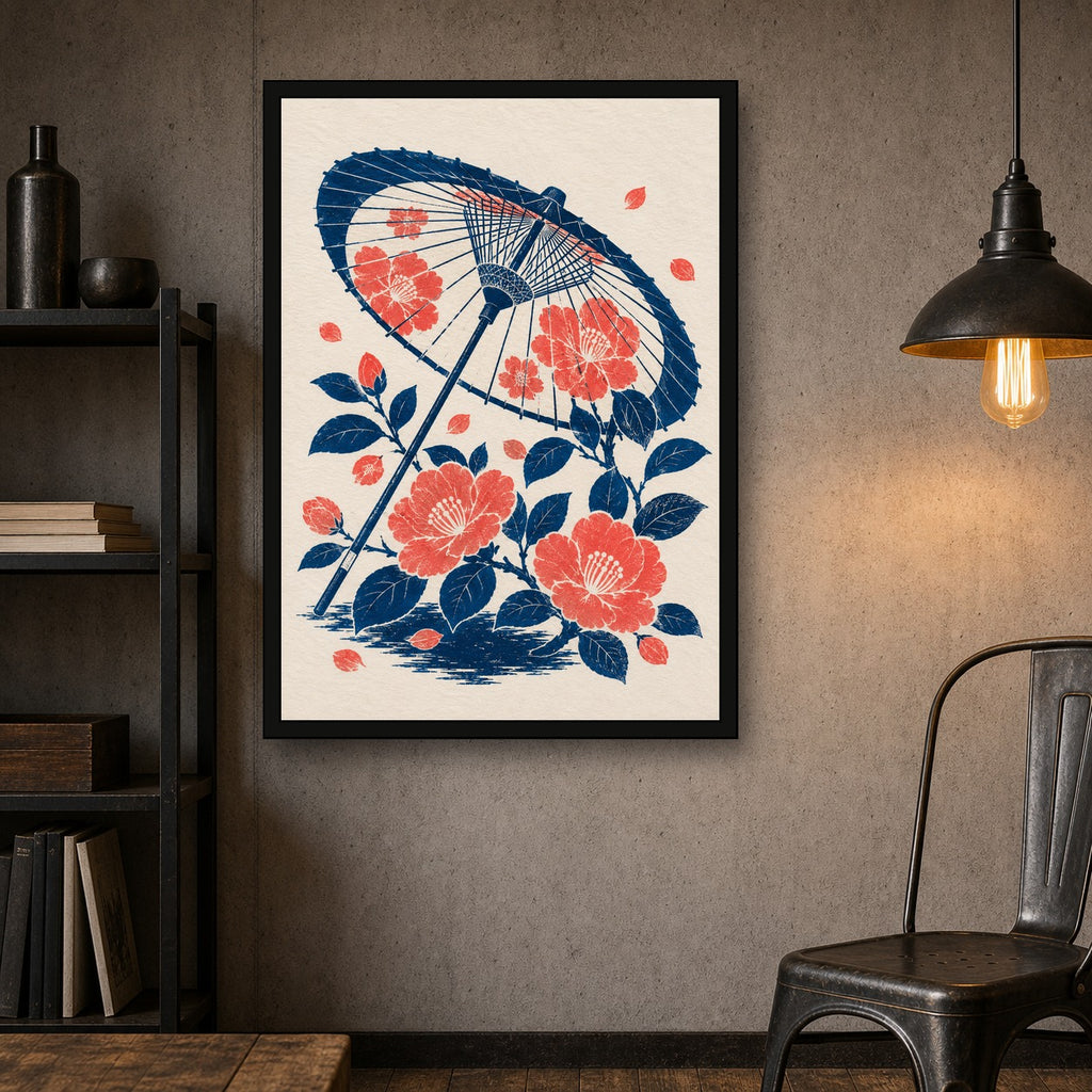 Parasol Peonies Japanese Retro Poster Print - A room mockup
