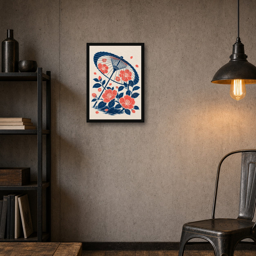Parasol Peonies Japanese Retro Poster Print - A room mockup