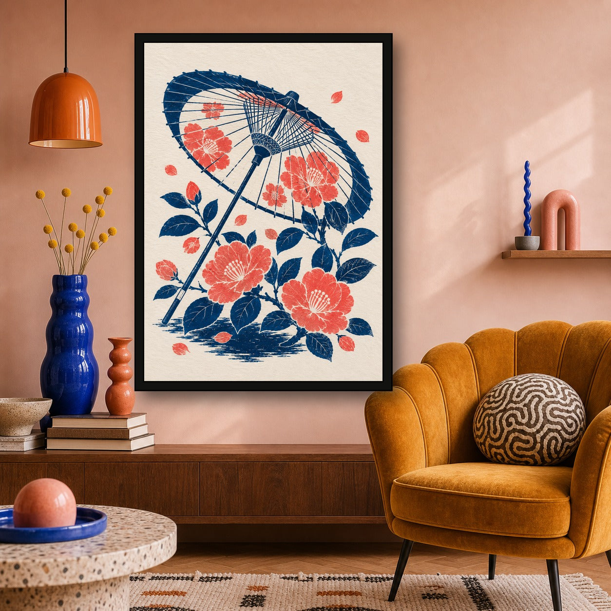 Parasol Peonies Japanese Retro Poster Print - A room mockup