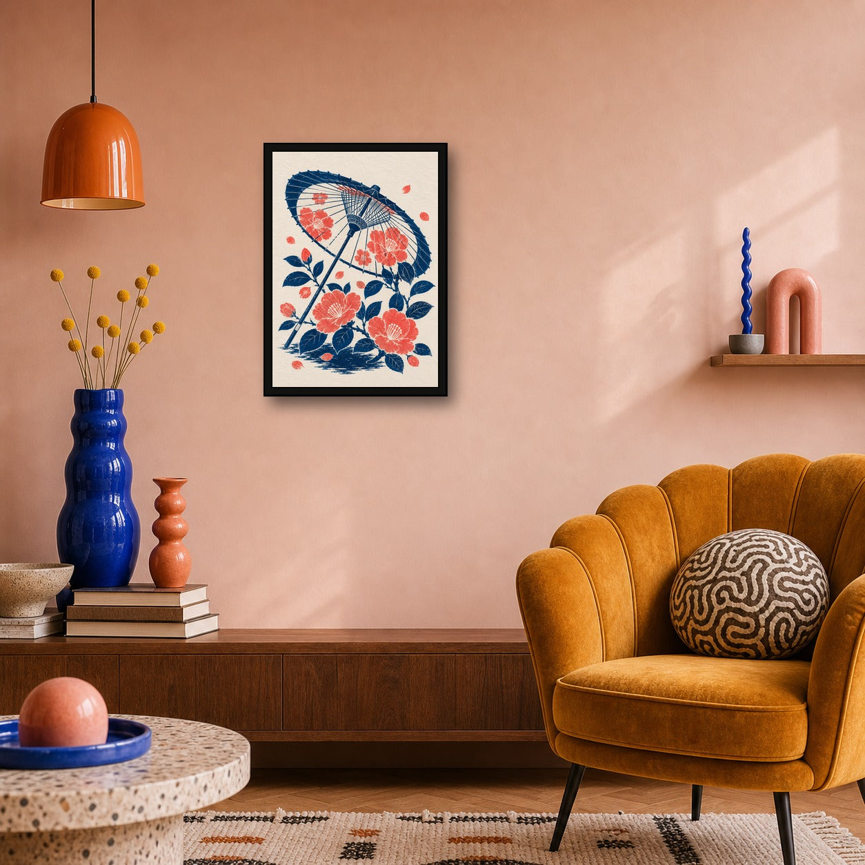 Parasol Peonies Japanese Retro Poster Print - A room mockup