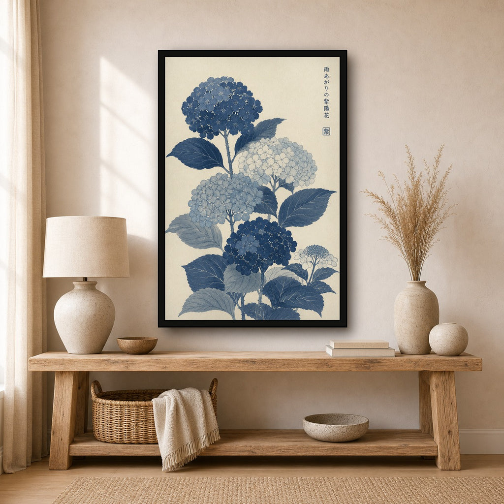 Blue Hydrangea Botanical Japanese inspired poster print for modern wall decor