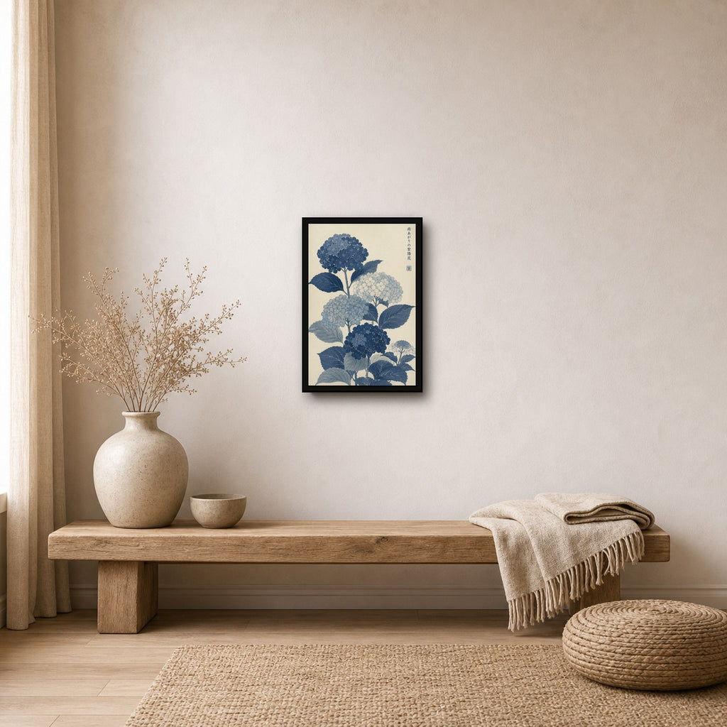 Blue Hydrangea Botanical Japanese inspired poster print for modern wall decor