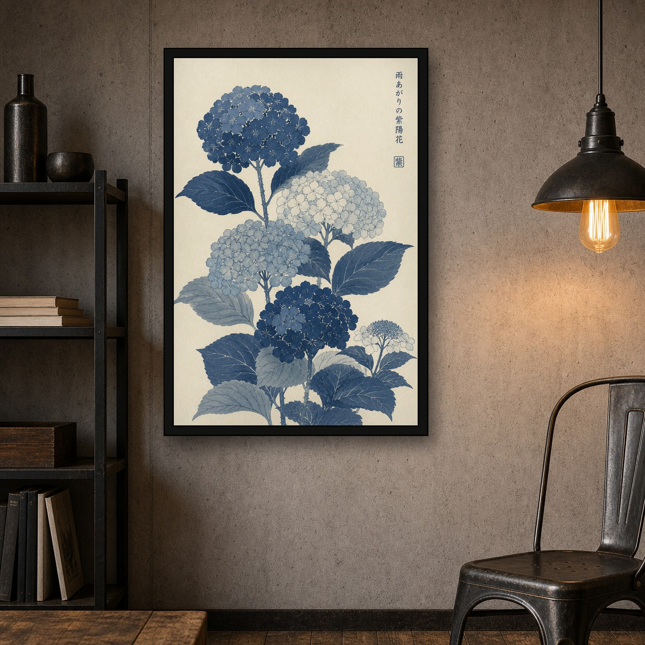 Blue Hydrangea Botanical Japanese inspired poster print for modern wall decor