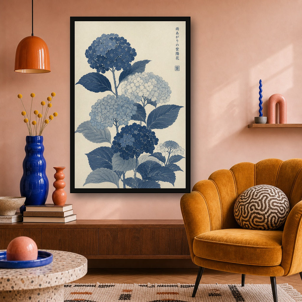 Blue Hydrangea Botanical Japanese inspired poster print for modern wall decor