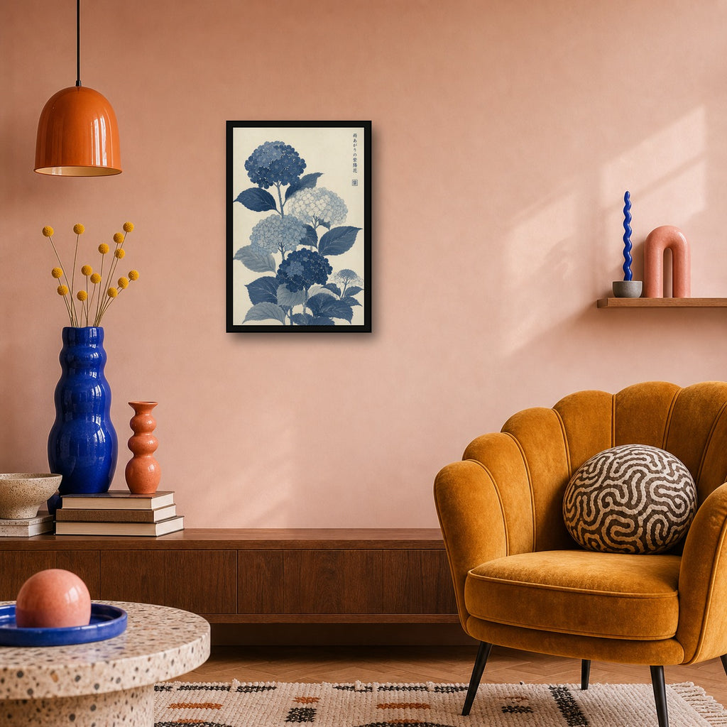 Blue Hydrangea Botanical Japanese inspired poster print for modern wall decor