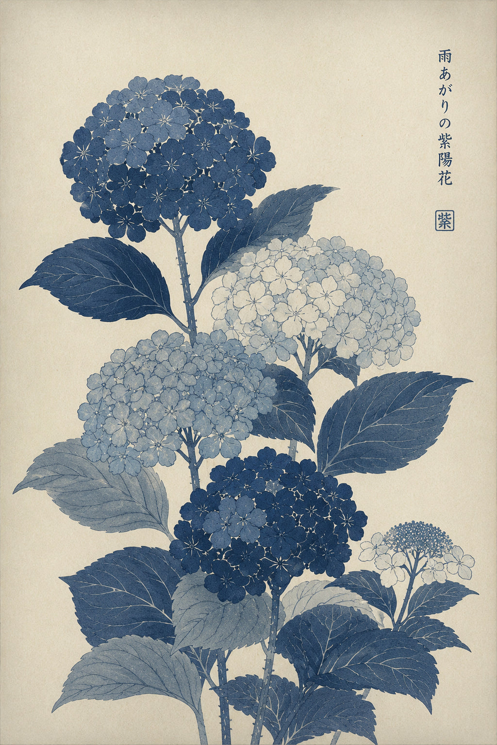 Blue Hydrangea Botanical Japanese inspired poster print for modern wall decor