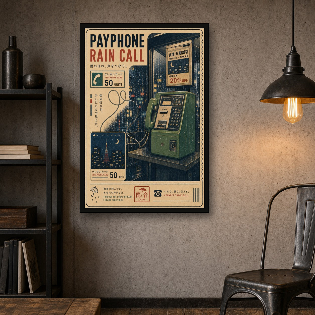 Payphone Rain Call Japanese Retro Poster Print - 2x3 room mockup