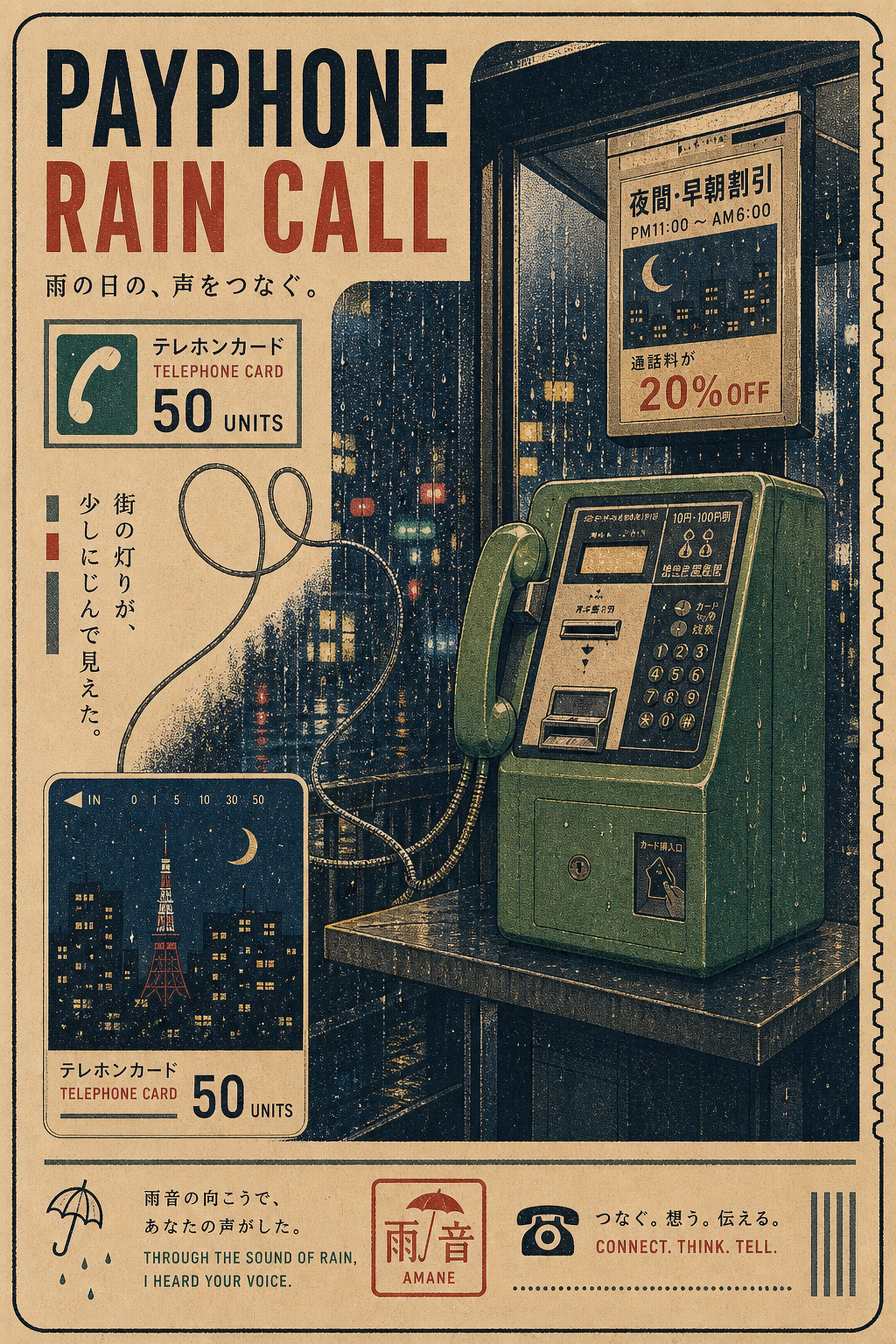 Payphone Rain Call Japanese Retro Poster Print