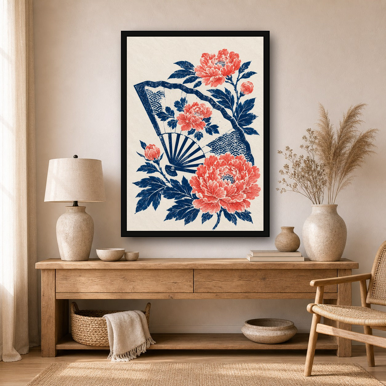 Peony Folding Fan Japanese Retro Poster Print - A room mockup