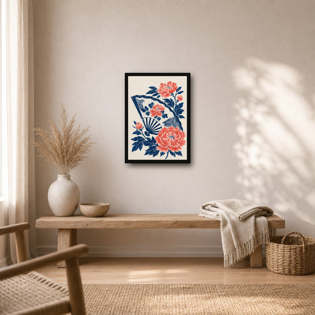 Peony Folding Fan Japanese Retro Poster Print - A room mockup