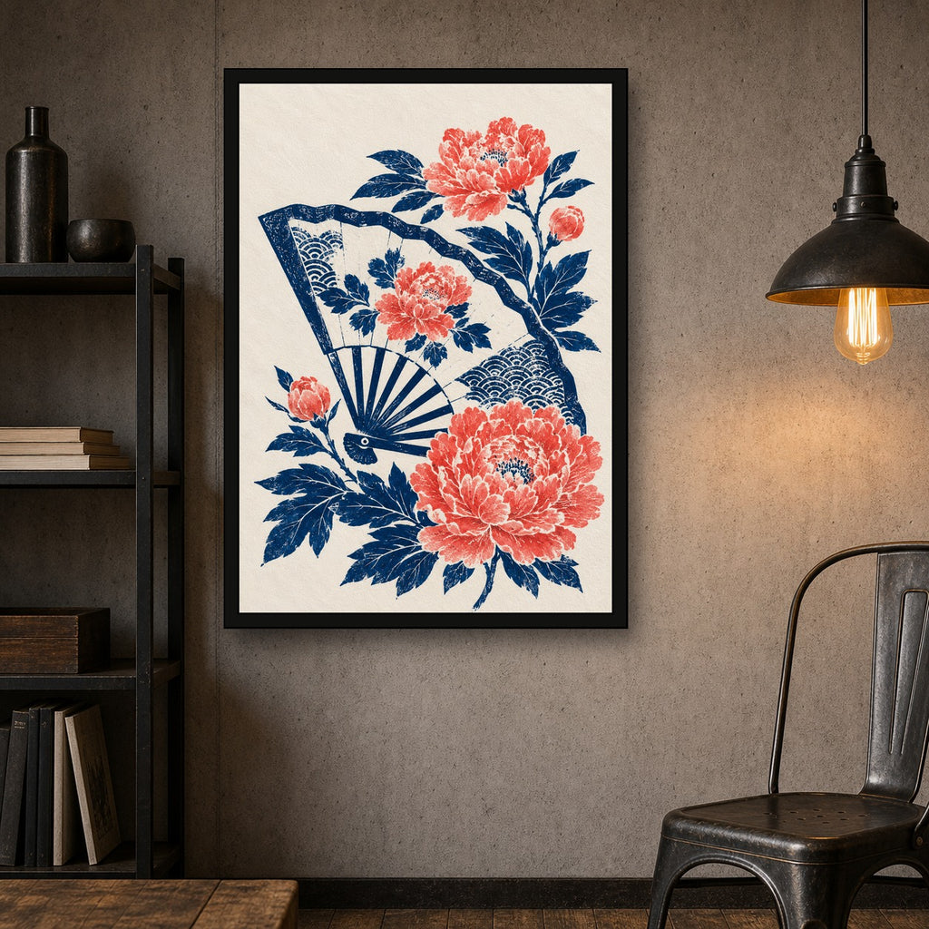 Peony Folding Fan Japanese Retro Poster Print - A room mockup