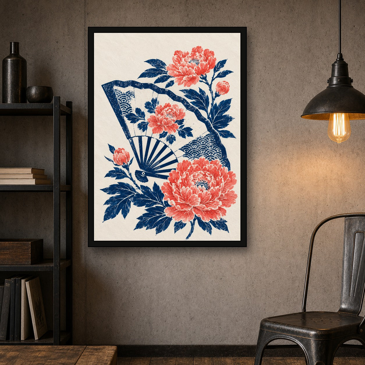 Peony Folding Fan Japanese Retro Poster Print - A room mockup