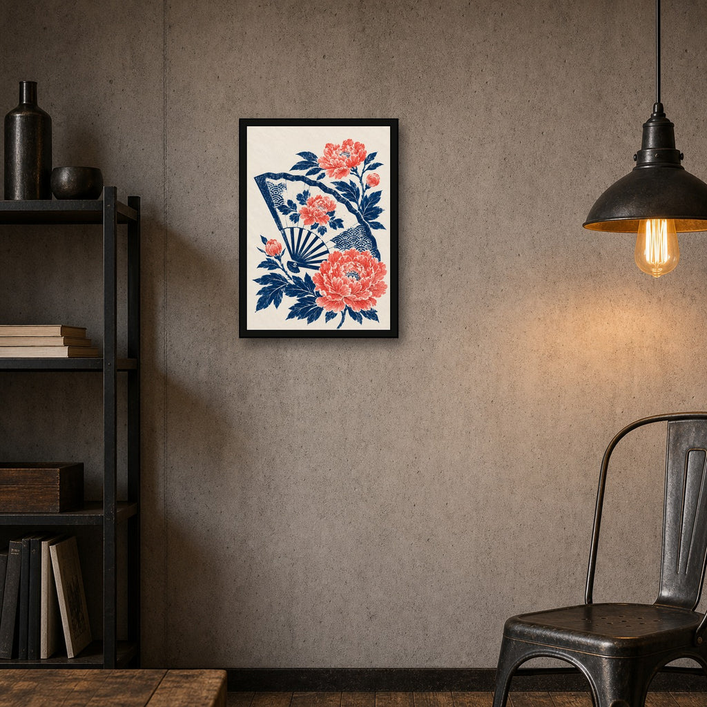 Peony Folding Fan Japanese Retro Poster Print - A room mockup