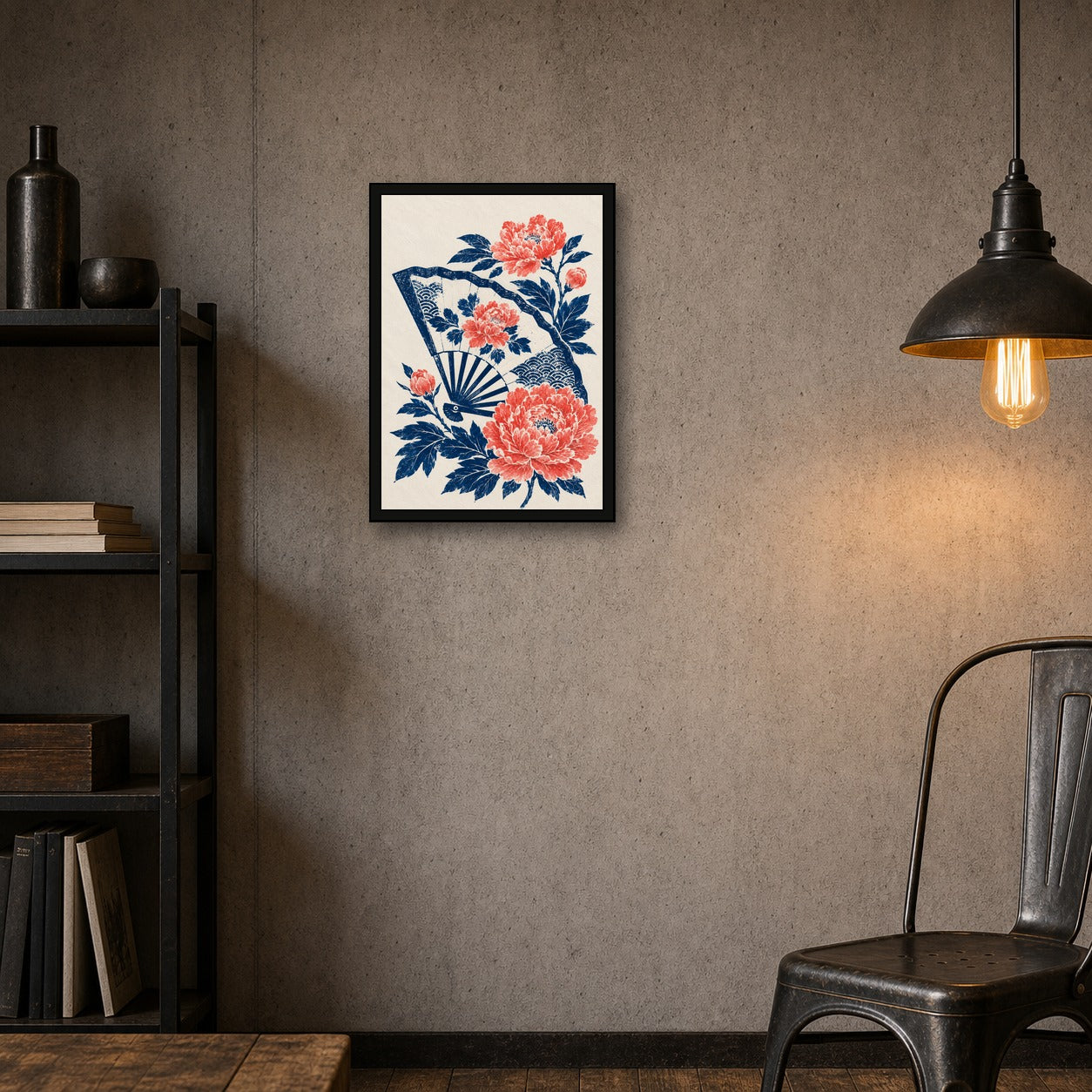 Peony Folding Fan Japanese Retro Poster Print - A room mockup