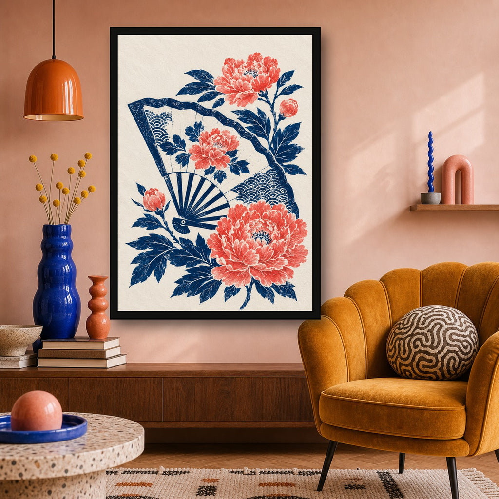 Peony Folding Fan Japanese Retro Poster Print - A room mockup