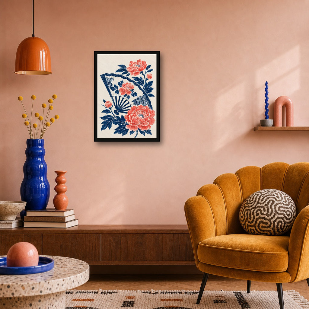 Peony Folding Fan Japanese Retro Poster Print - A room mockup