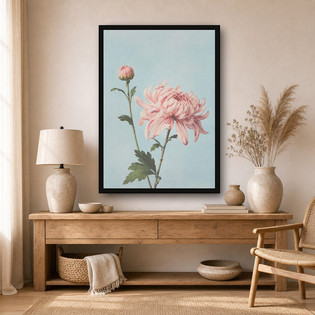 Pink Chrysanthemum Botanical Poster, Japanese Floral Wall Art Print - A room mockup