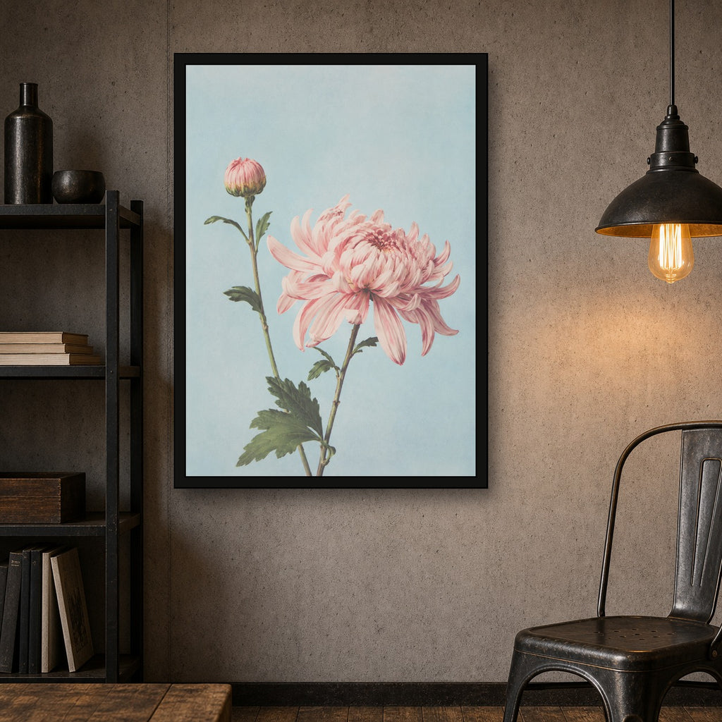 Pink Chrysanthemum Botanical Poster, Japanese Floral Wall Art Print - A room mockup
