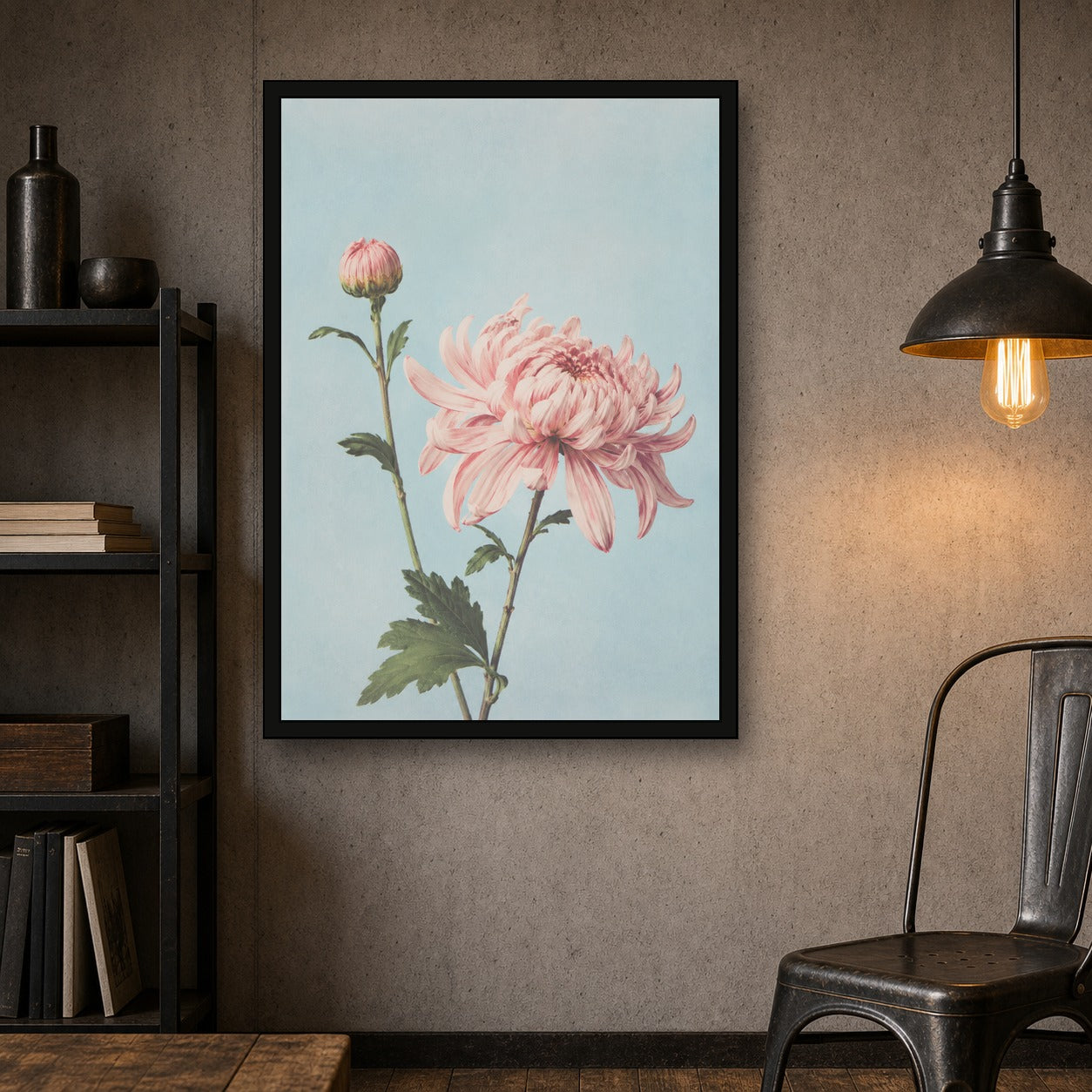 Pink Chrysanthemum Botanical Poster, Japanese Floral Wall Art Print - A room mockup