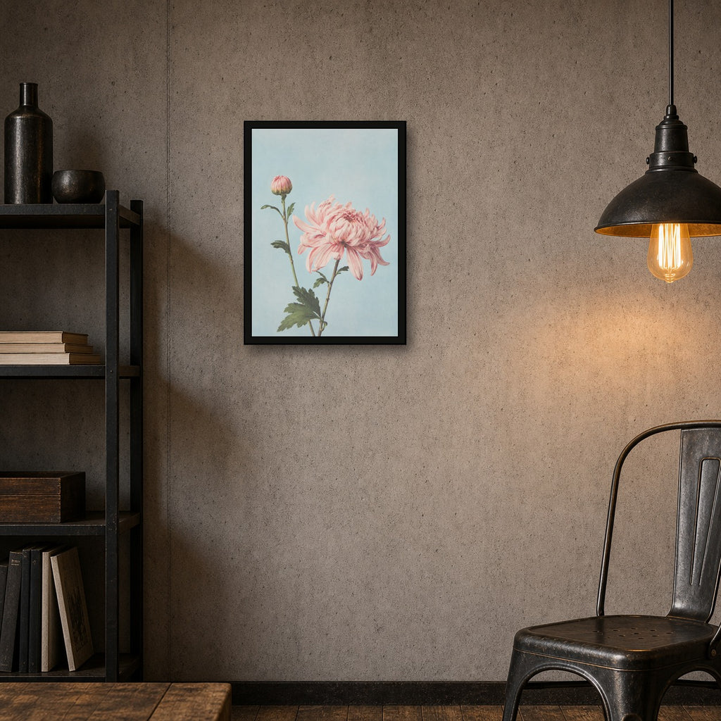 Pink Chrysanthemum Botanical Poster, Japanese Floral Wall Art Print - A room mockup