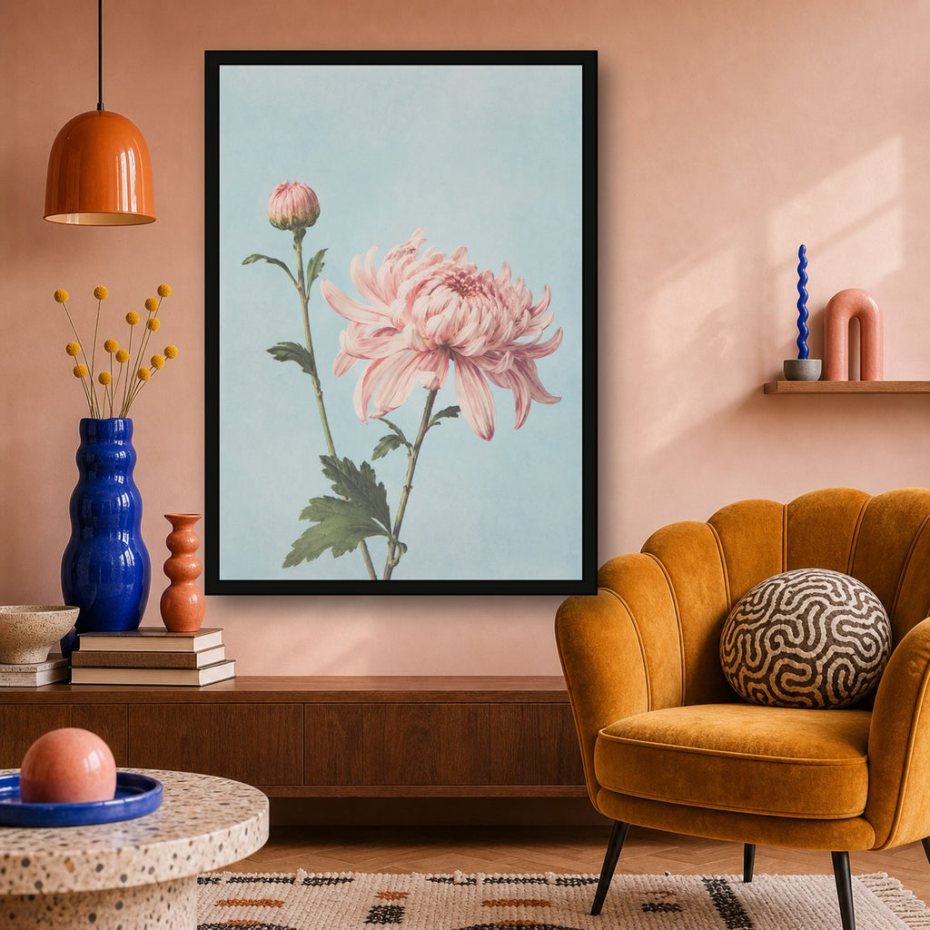 Pink Chrysanthemum Botanical Poster, Japanese Floral Wall Art Print - A room mockup
