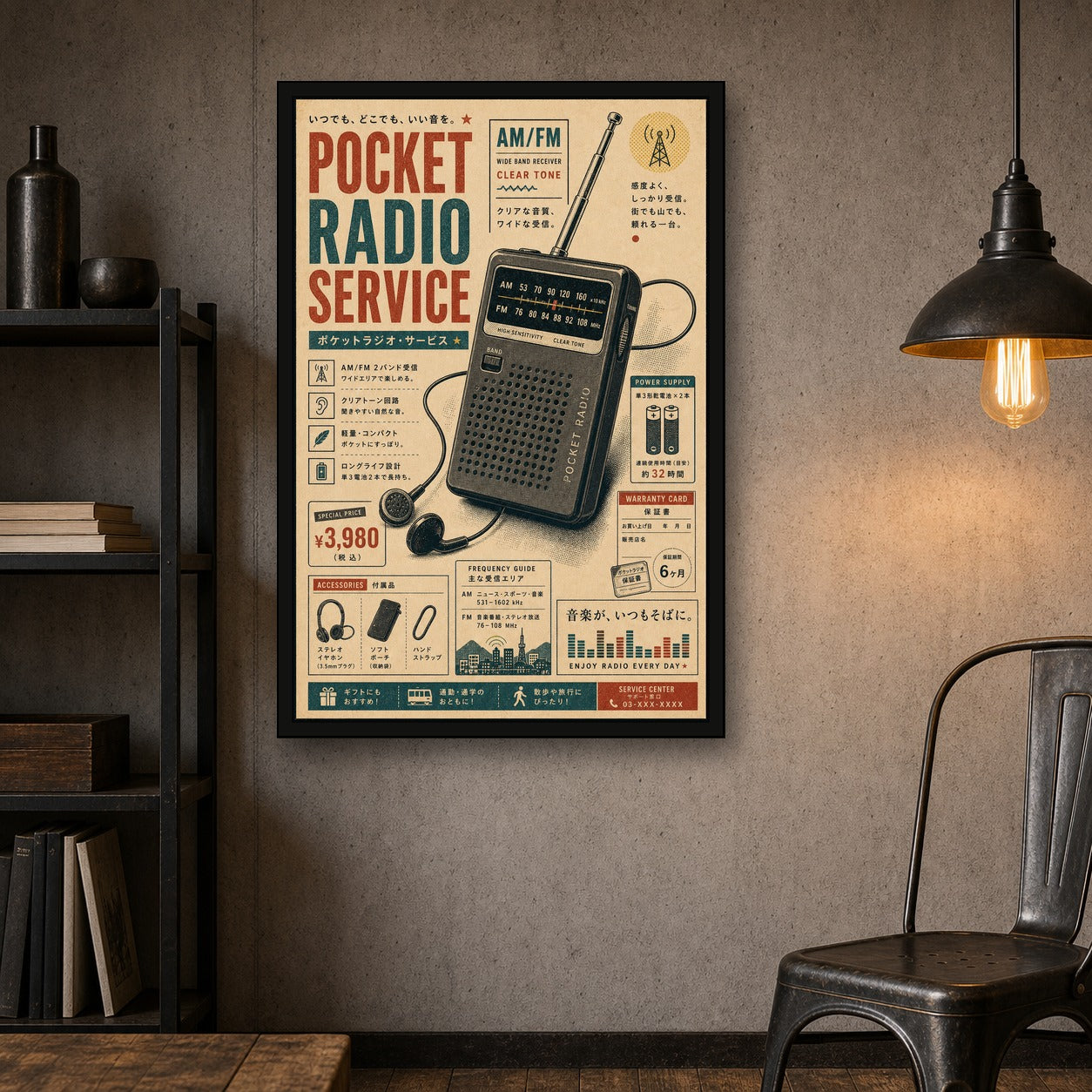 Pocket Radio Service Japanese Retro Poster Print - 2x3 room mockup