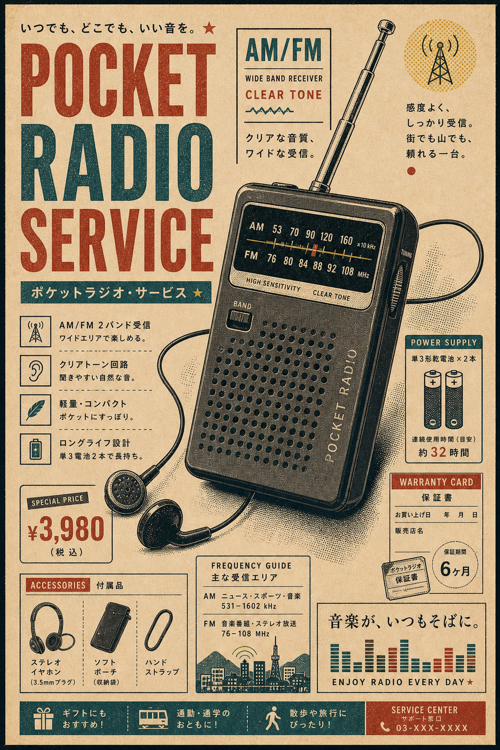 Pocket Radio Service Japanese Retro Poster Print
