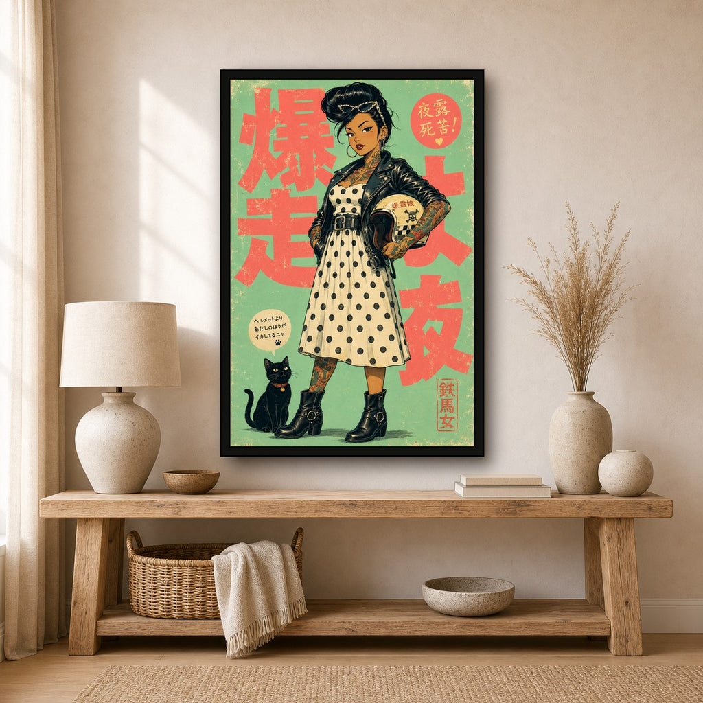 Polka Dot Leather Girl Japanese Retro Poster Print - 2x3 room mockup