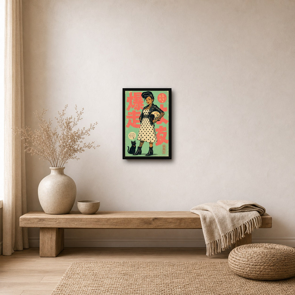 Polka Dot Leather Girl Japanese Retro Poster Print - 2x3 room mockup