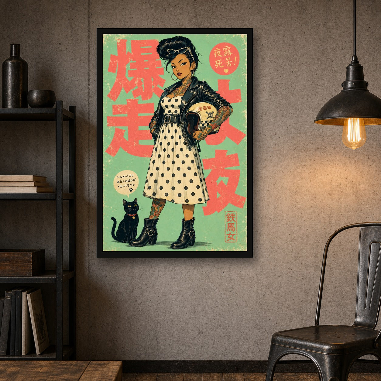 Polka Dot Leather Girl Japanese Retro Poster Print - 2x3 room mockup