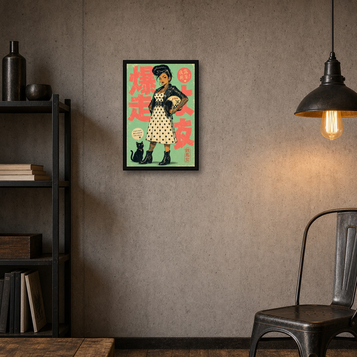 Polka Dot Leather Girl Japanese Retro Poster Print - 2x3 room mockup