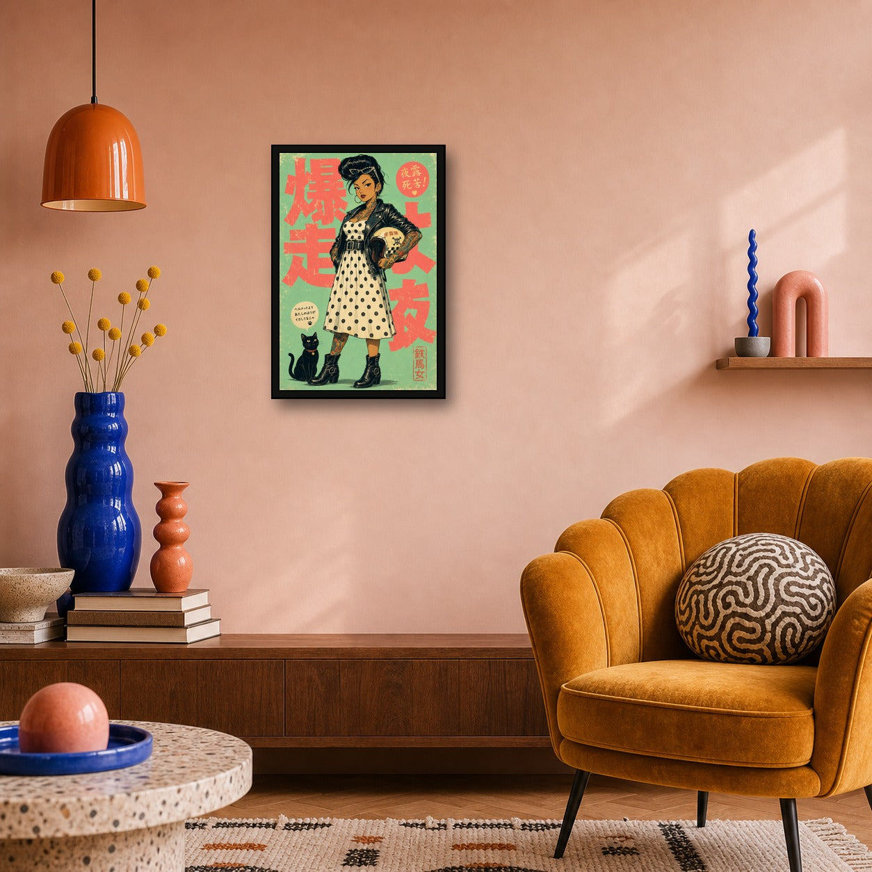 Polka Dot Leather Girl Japanese Retro Poster Print - 2x3 room mockup
