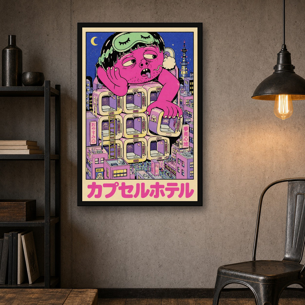 Psychedelic Capsule Hotel Art Print - Vibrant Japan Travel Poster, Unique Wall Decor in Your Choice of Sizes - 2x3 room mockup