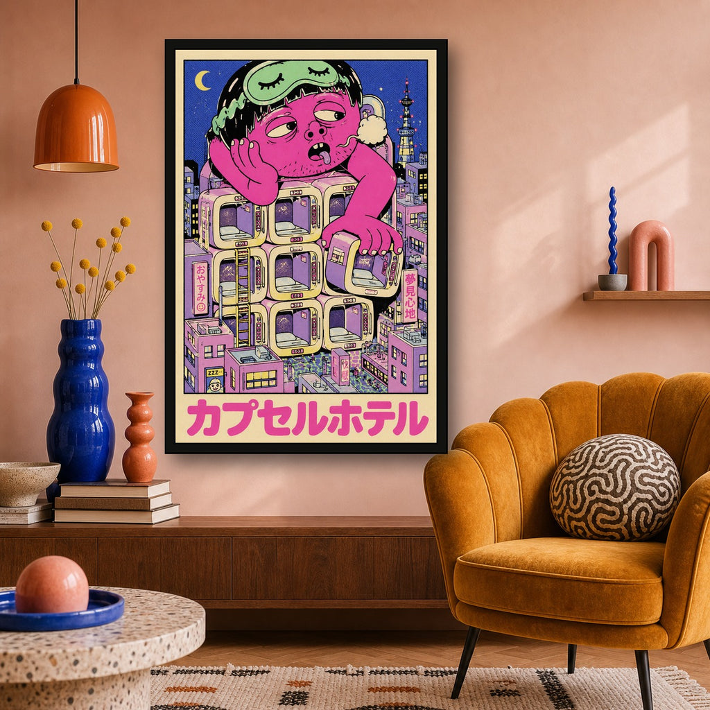 Psychedelic Capsule Hotel Art Print - Vibrant Japan Travel Poster, Unique Wall Decor in Your Choice of Sizes - 2x3 room mockup
