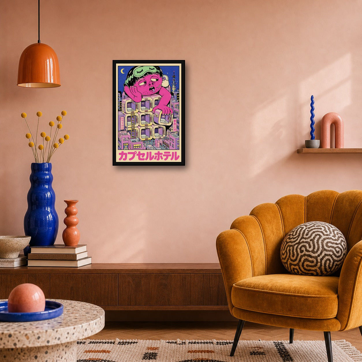 Psychedelic Capsule Hotel Art Print - Vibrant Japan Travel Poster, Unique Wall Decor in Your Choice of Sizes - 2x3 room mockup