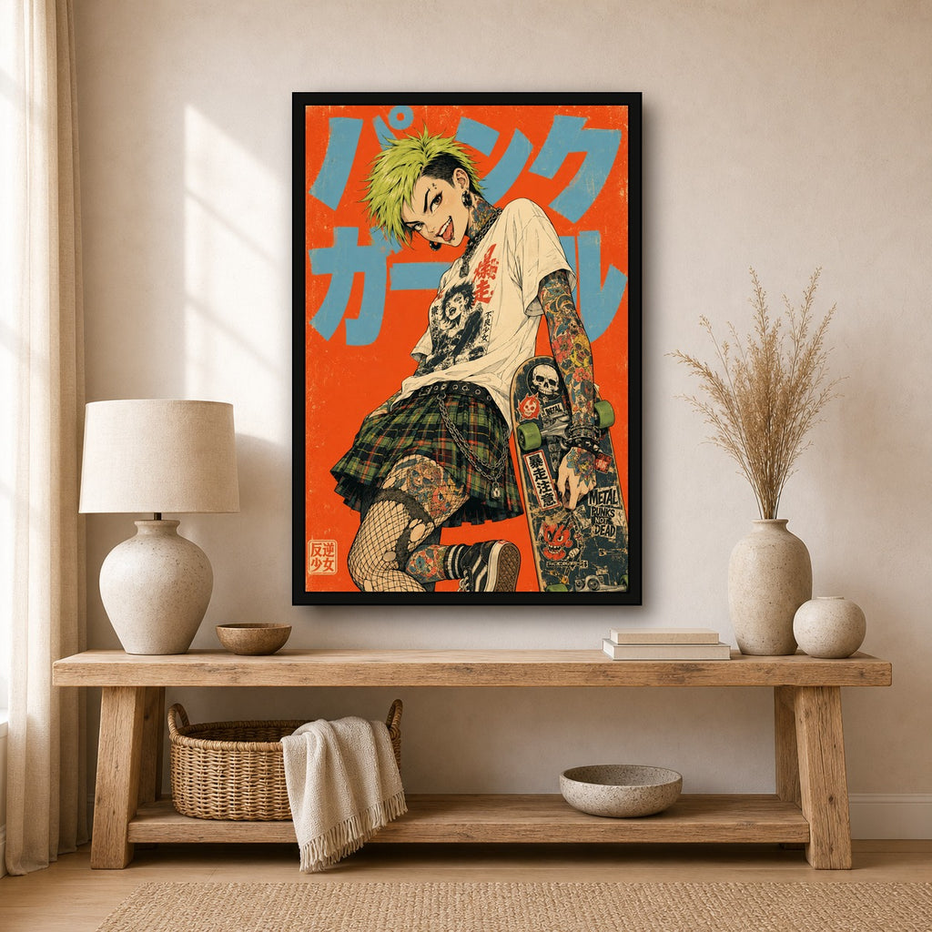 Punk Girl Orange Japanese Retro Poster Print - 2x3 room mockup