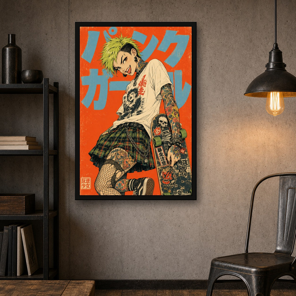 Punk Girl Orange Japanese Retro Poster Print - 2x3 room mockup