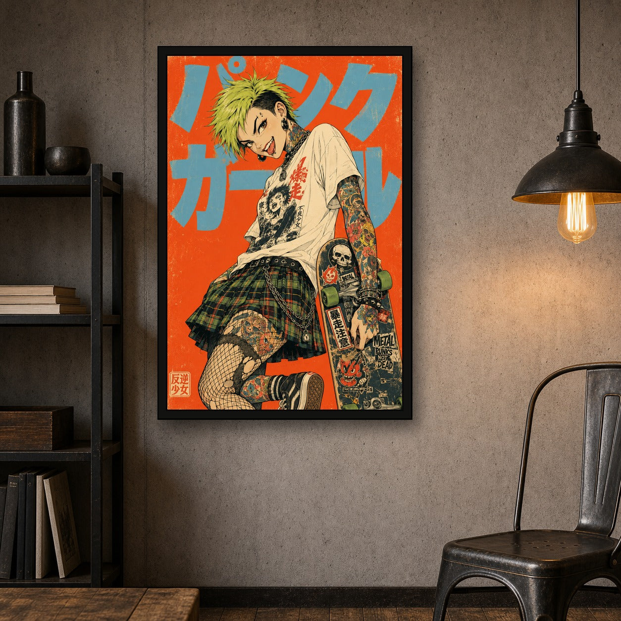 Punk Girl Orange Japanese Retro Poster Print - 2x3 room mockup