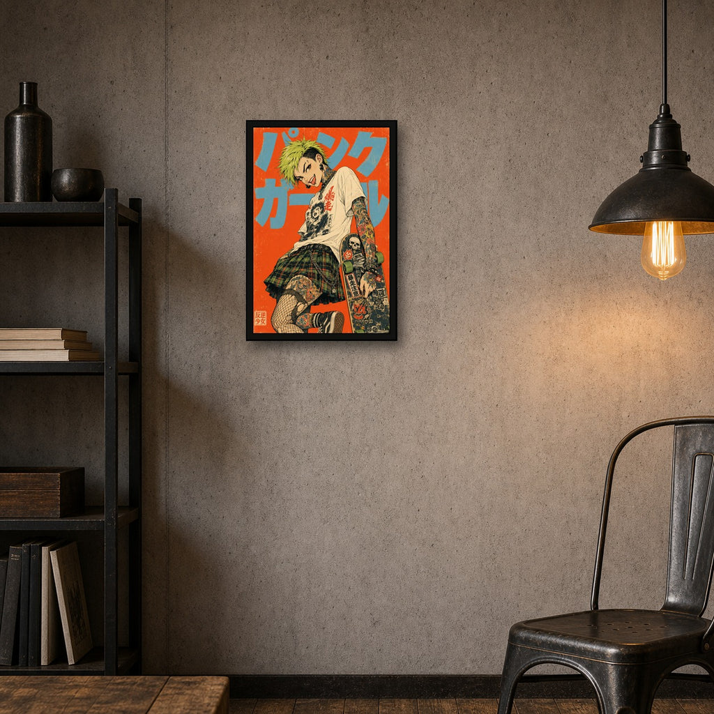 Punk Girl Orange Japanese Retro Poster Print - 2x3 room mockup