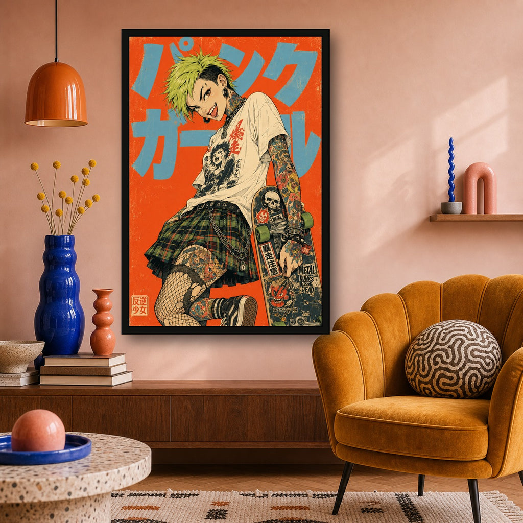 Punk Girl Orange Japanese Retro Poster Print - 2x3 room mockup