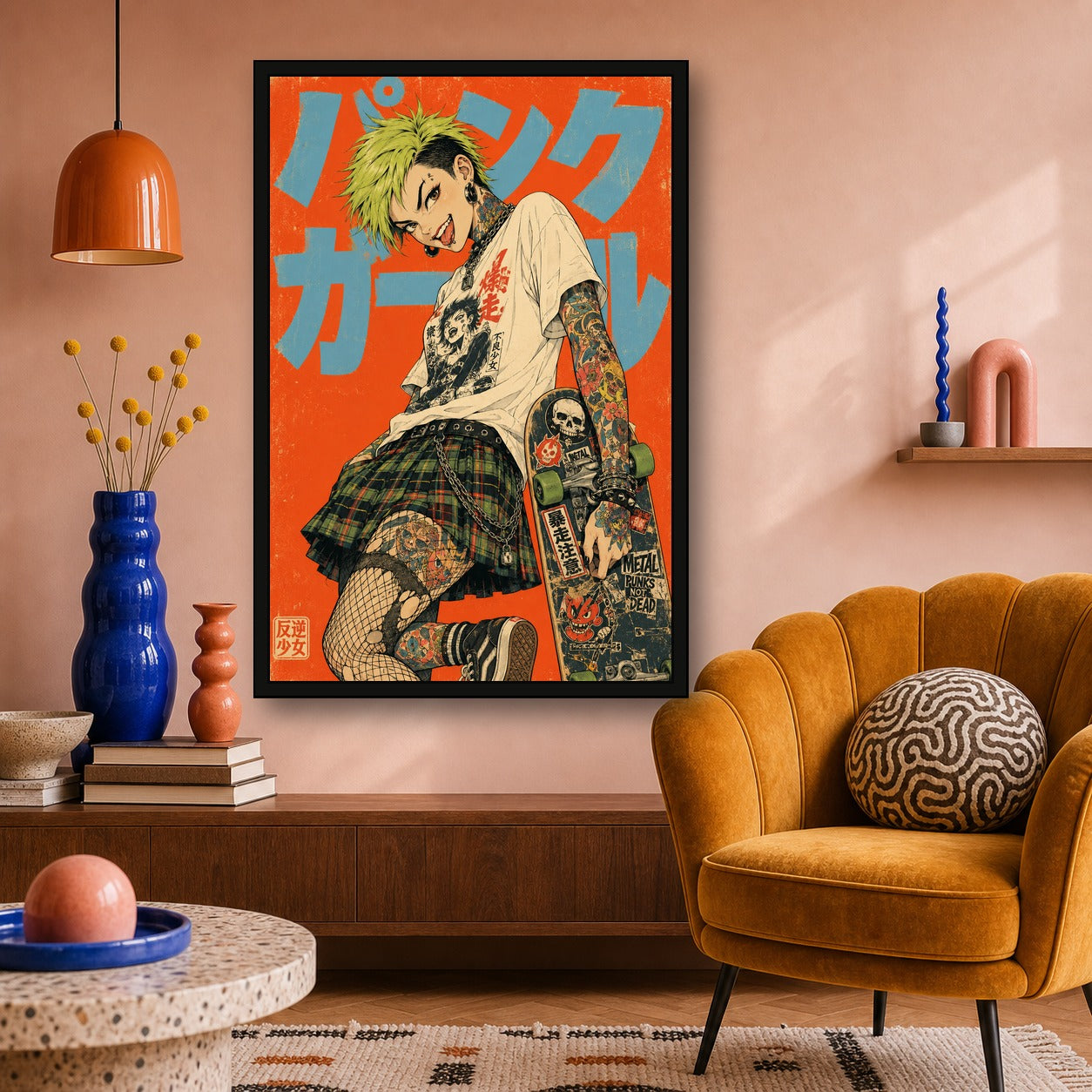 Punk Girl Orange Japanese Retro Poster Print - 2x3 room mockup