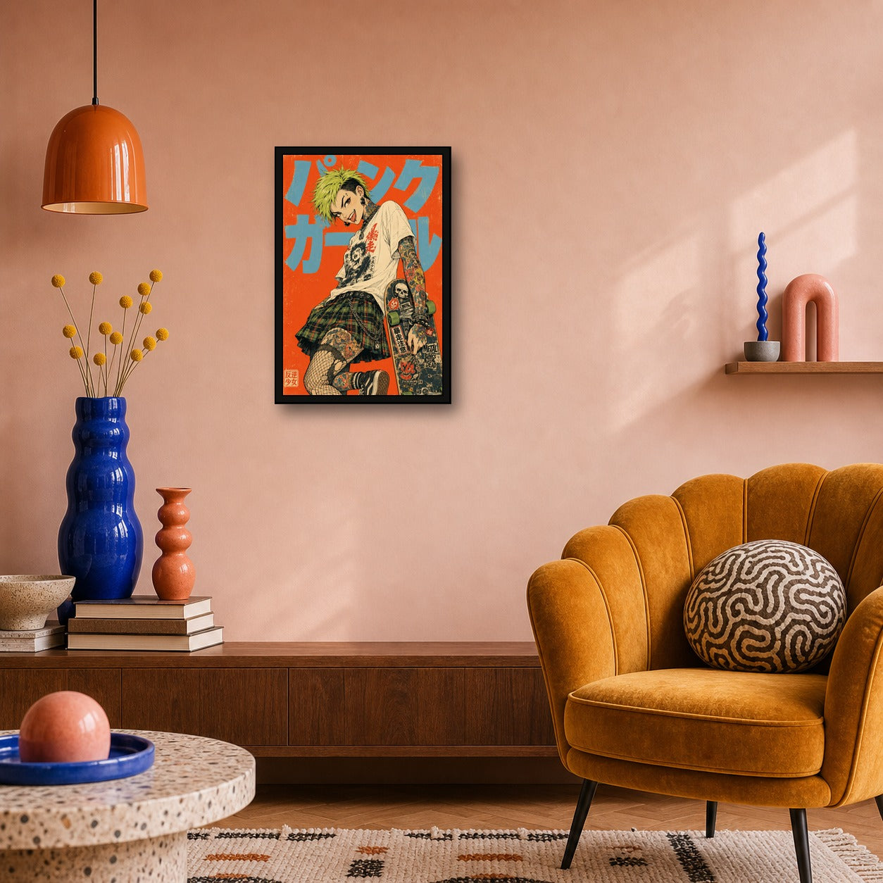 Punk Girl Orange Japanese Retro Poster Print - 2x3 room mockup