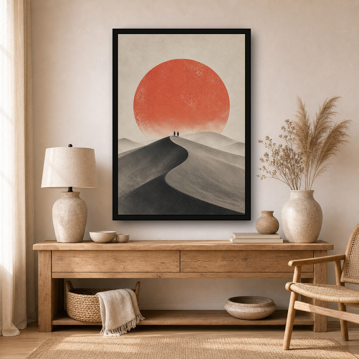 Quiet Dune Red Sun Poster, Japanese Landscape Wall Art, Travel Print - A room mockup