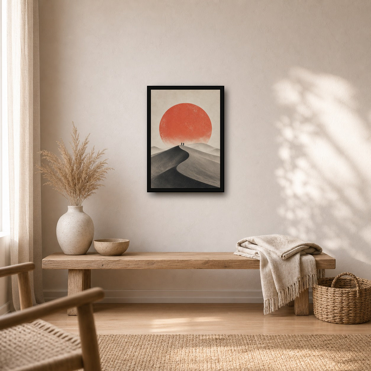 Quiet Dune Red Sun Poster, Japanese Landscape Wall Art, Travel Print - A room mockup