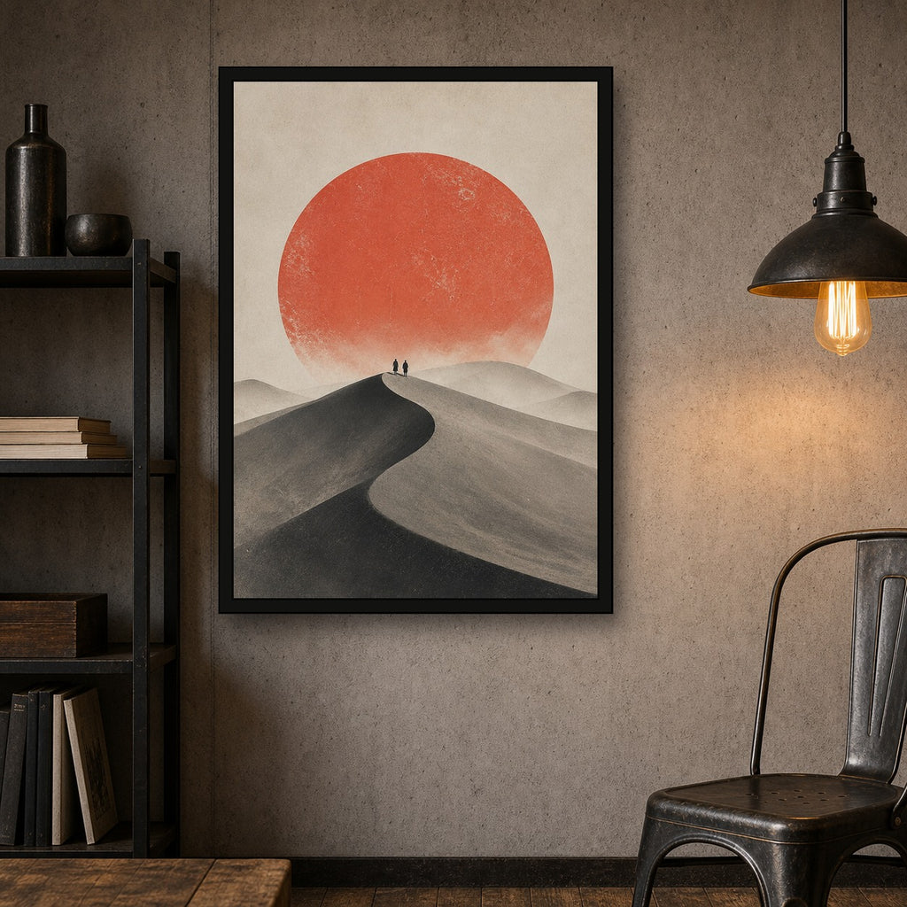 Quiet Dune Red Sun Poster, Japanese Landscape Wall Art, Travel Print - A room mockup