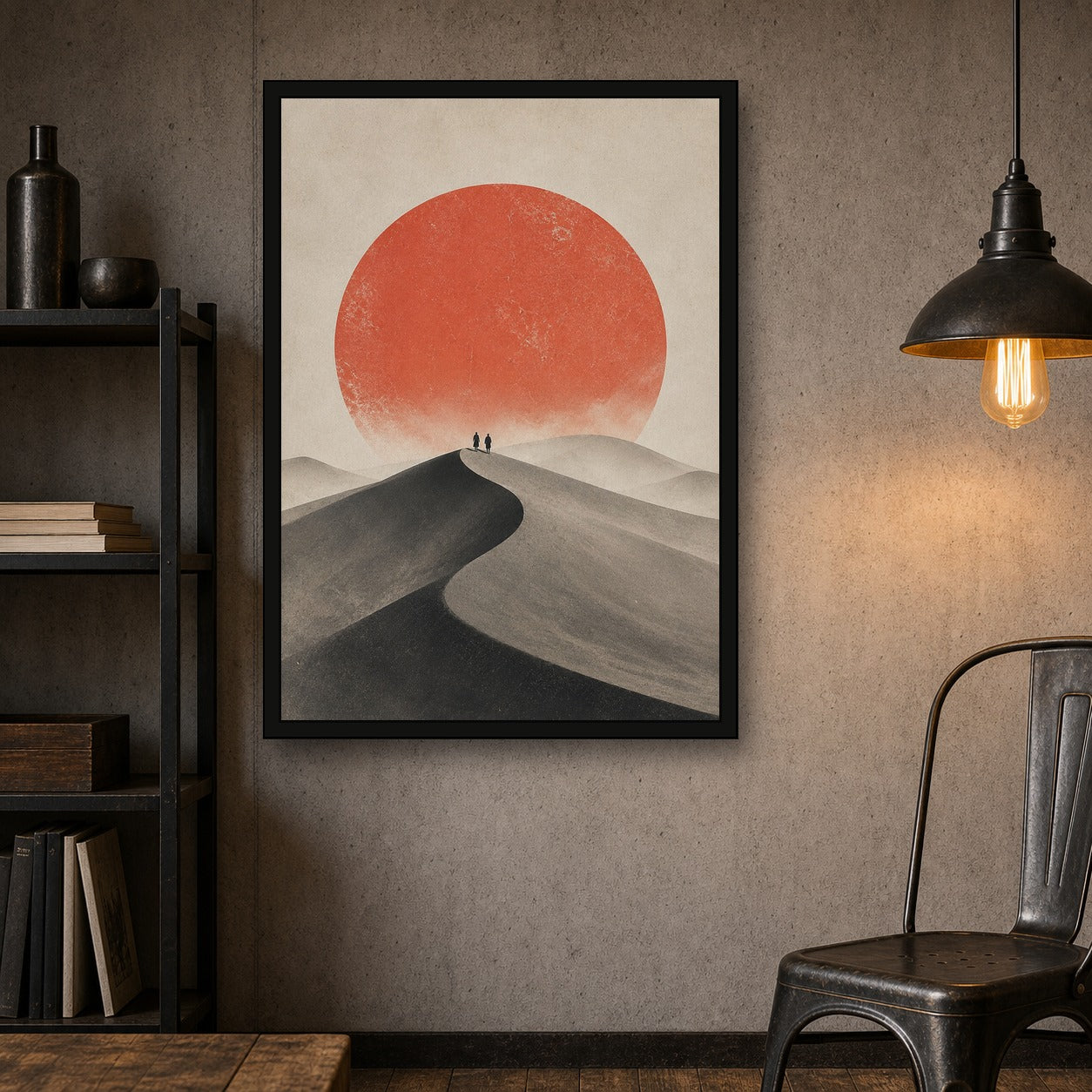 Quiet Dune Red Sun Poster, Japanese Landscape Wall Art, Travel Print - A room mockup