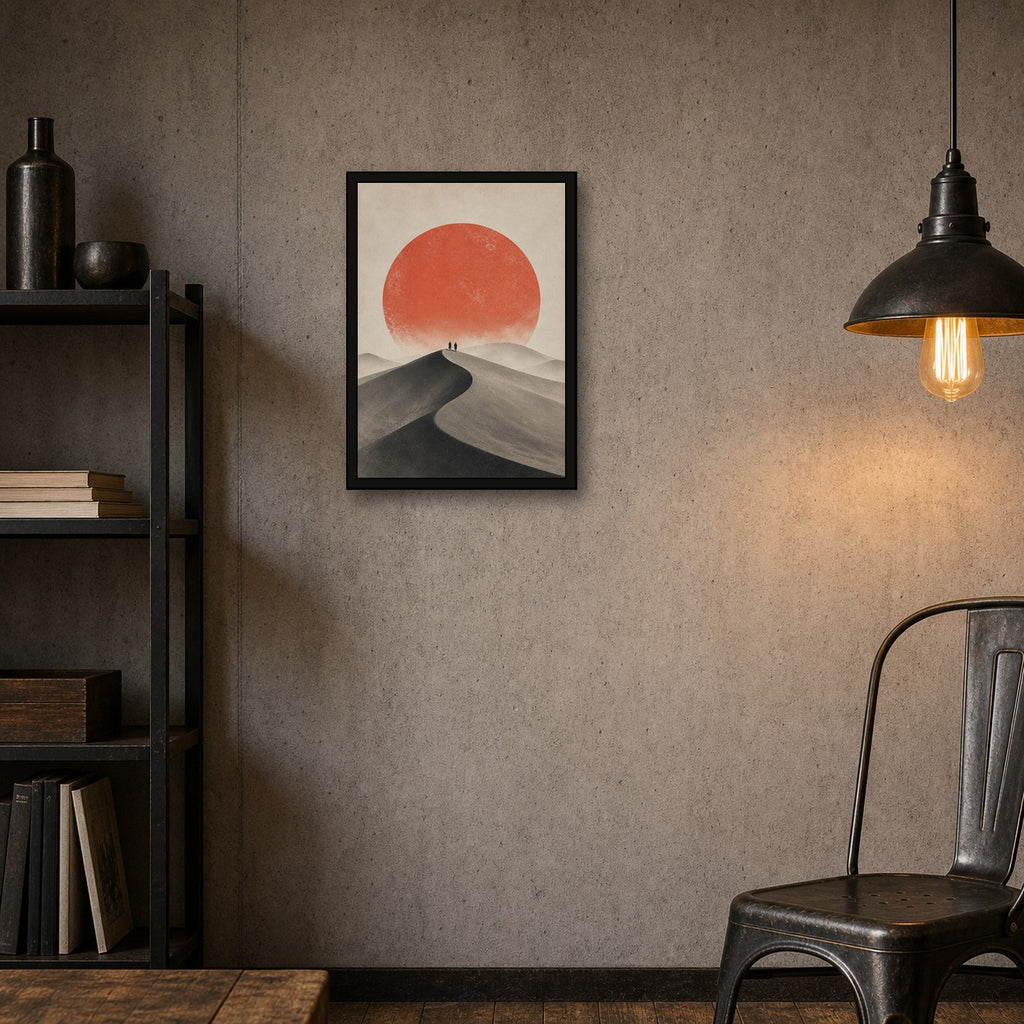 Quiet Dune Red Sun Poster, Japanese Landscape Wall Art, Travel Print - A room mockup