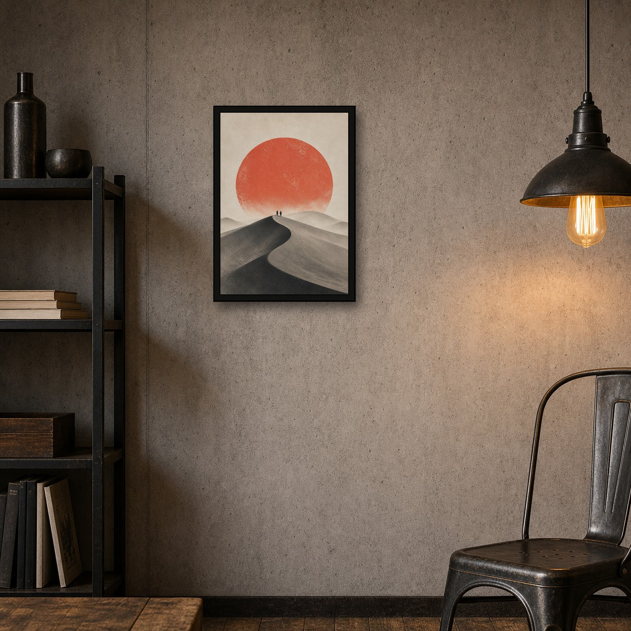 Quiet Dune Red Sun Poster, Japanese Landscape Wall Art, Travel Print - A room mockup